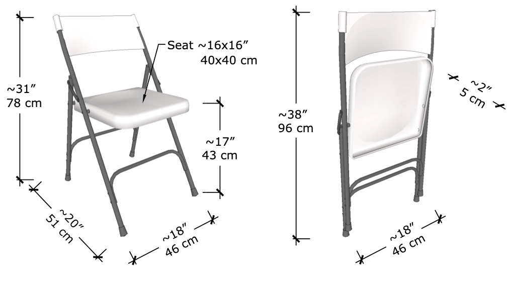 Dimensiones estándar típicas de una silla plegable tanto abierta como plegada